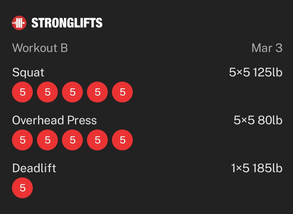 Screenshot of my workout summary from March 4, 2025 in the Stronglifts mobile app.